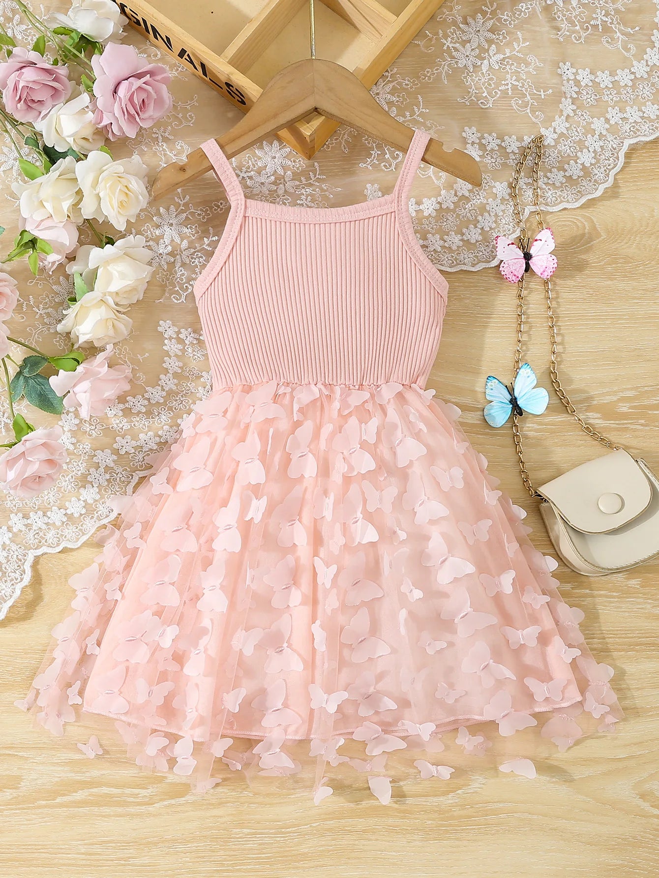 Ropa de verano para niños y niñas, vestido camisola empalmado de malla con decoración de mariposas para bebés, vestido elegante de princesa sin mangas