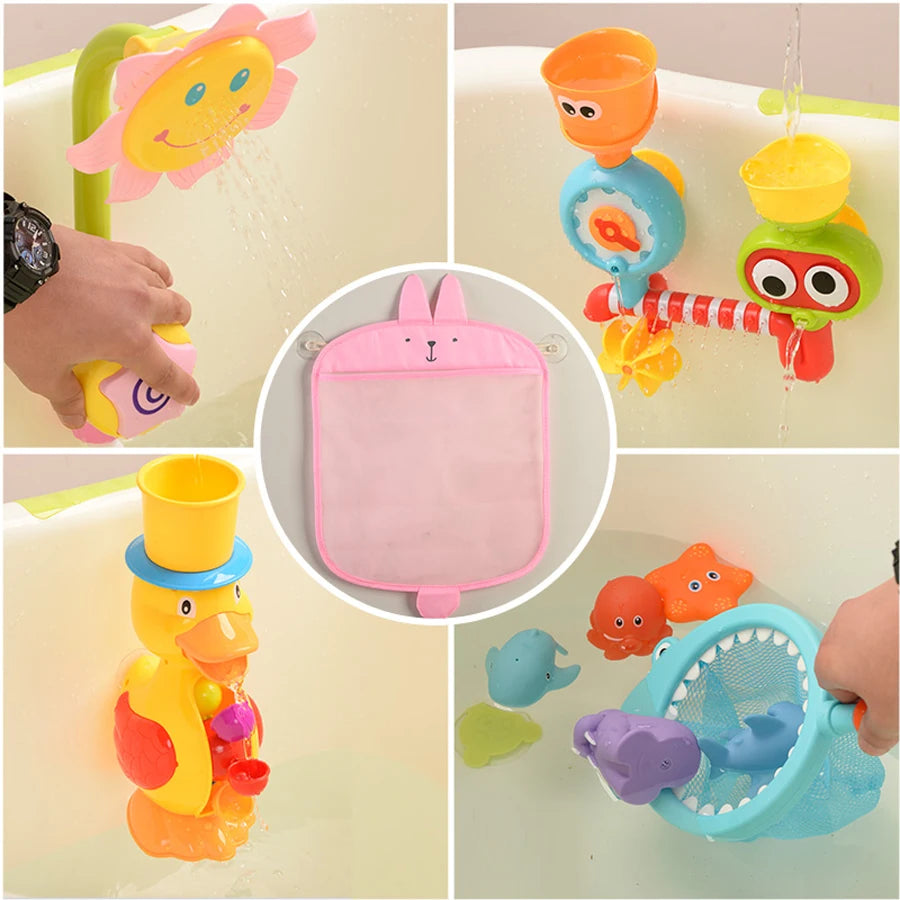QWZ nuevo bolso de malla para baño de bebé, diseño de ventosa para juguetes de baño, cesta para niños, formas de animales de dibujos animados, tela, juguetes de arena, bolsa de red de almacenamiento