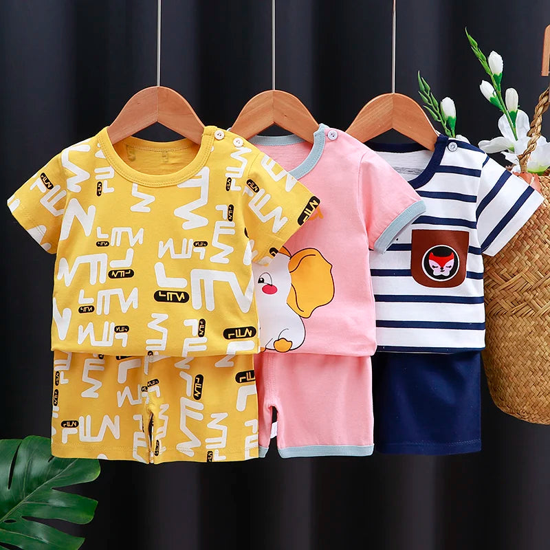 Conjunto de ropa para niños, camiseta para bebé (niña + Pantalones cortos, ropa de verano, chándal informal de algodón con dibujos animados para niños, conjunto de ropa para bebés