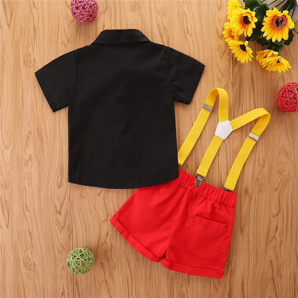 Trajes de caballero para bebés y niños pequeños, camisa de solapa con pajarita de manga corta de verano + conjunto de pantalones cortos con pechera 9M-5T
