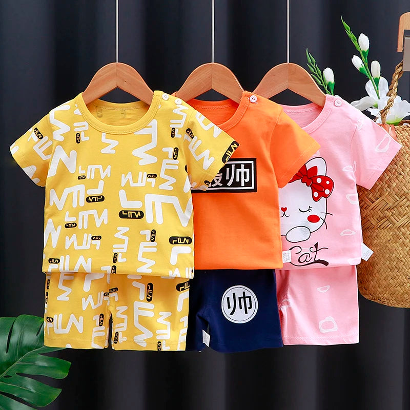 Conjunto de ropa para niños, camiseta para bebé (niña + Pantalones cortos, ropa de verano, chándal informal de algodón con dibujos animados para niños, conjunto de ropa para bebés