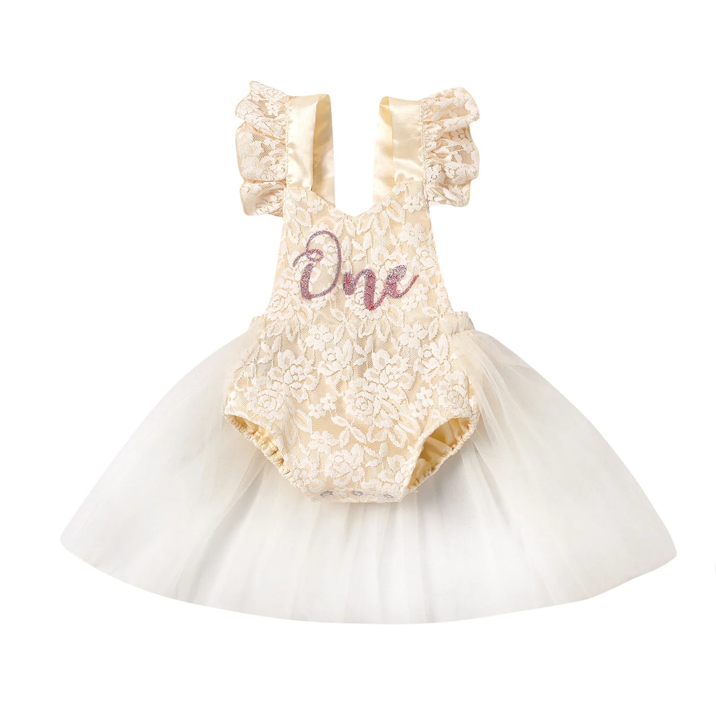 Vestido mameluco de cumpleaños para niñas pequeñas con costuras de malla, monos de encaje florales con estampado de una letra, disfraz de princesa de verano