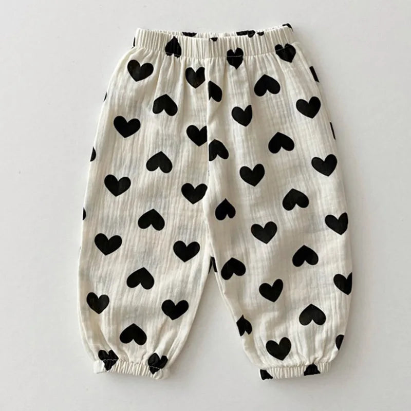Ropa de verano para bebés, pantalones de lino para niñas, pantalones con estampado dulce, pantalones casuales para niños