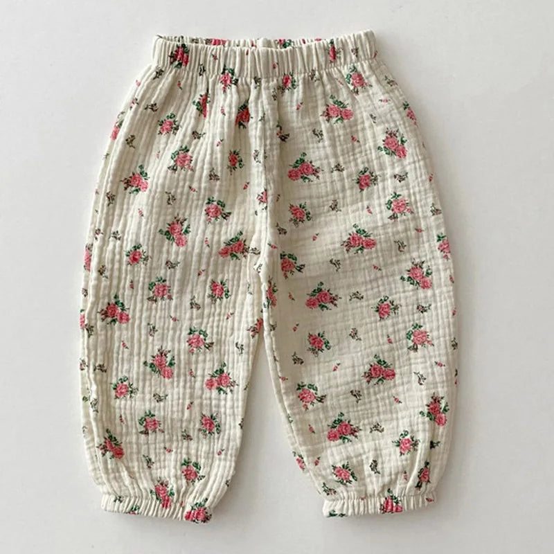Ropa de verano para bebés, pantalones de lino para niñas, pantalones con estampado dulce, pantalones casuales para niños
