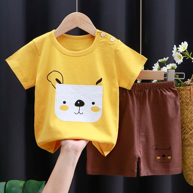 Conjunto de ropa para niños, camiseta para bebé (niña + Pantalones cortos, ropa de verano, chándal informal de algodón con dibujos animados para niños, conjunto de ropa para bebés