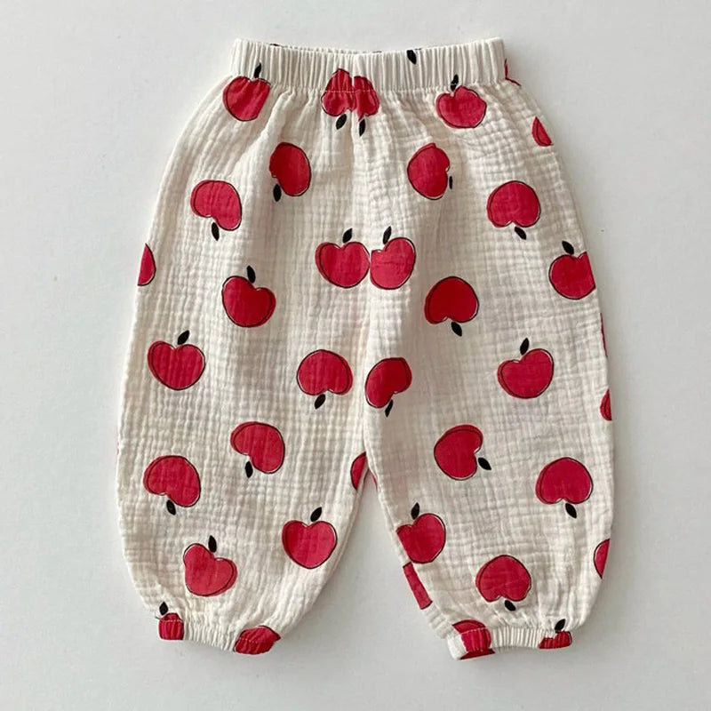 Ropa de verano para bebés, pantalones de lino para niñas, pantalones con estampado dulce, pantalones casuales para niños