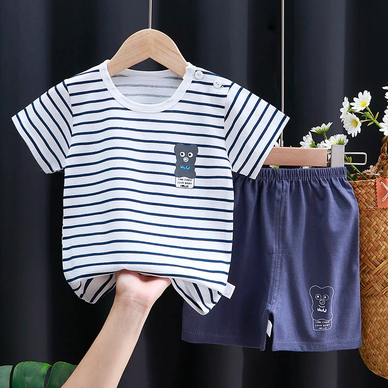 Conjunto de ropa para niños, camiseta para bebé (niña + Pantalones cortos, ropa de verano, chándal informal de algodón con dibujos animados para niños, conjunto de ropa para bebés
