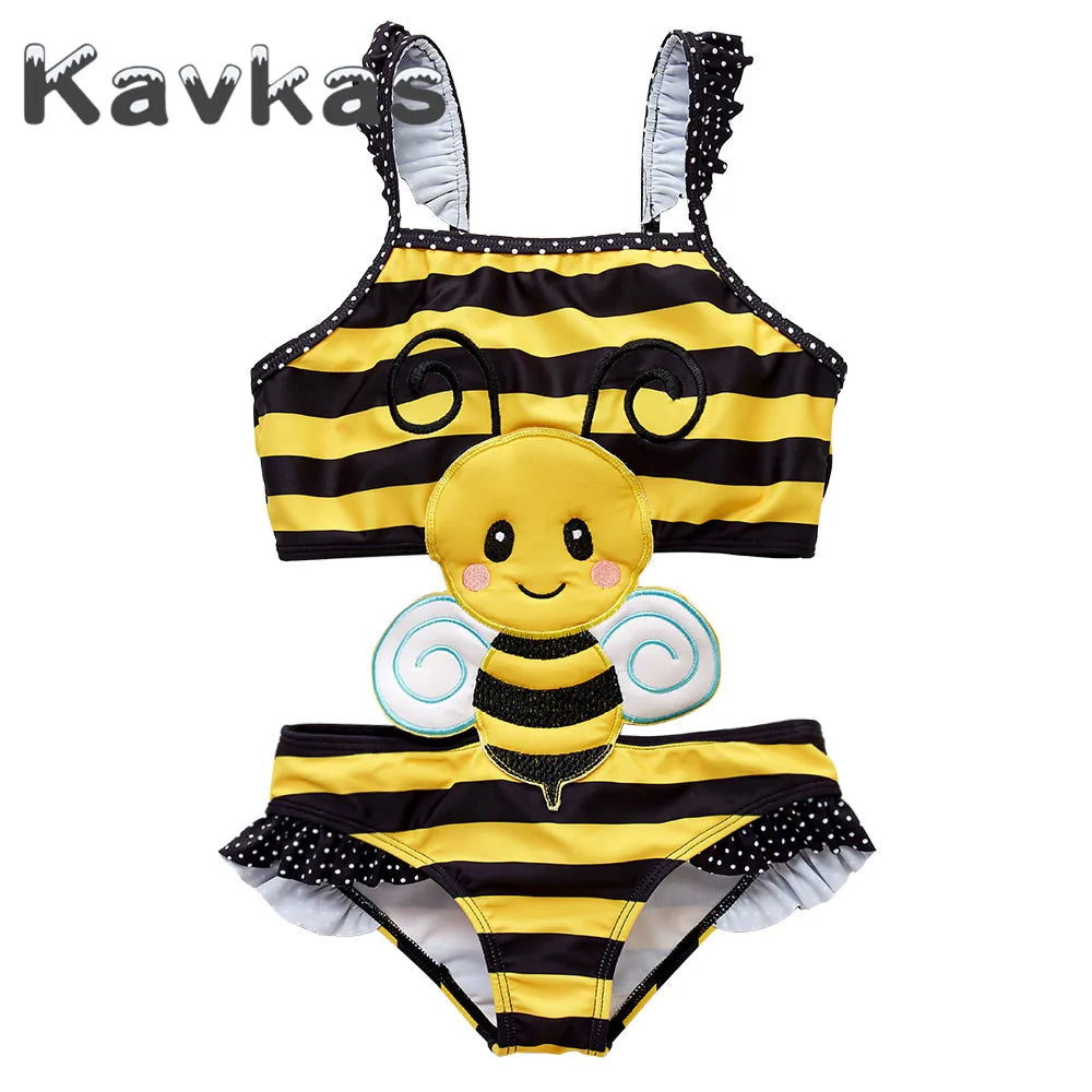 Kavkas 2025, traje de baño de verano para bebé, una pieza 1-8T, Animal de dibujos animados, bonito diseño de abeja, traje de baño elástico para niñas, ropa de playa para bebés