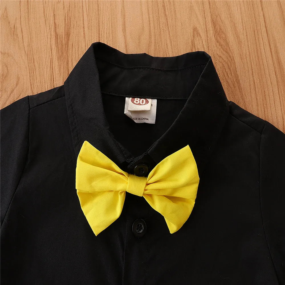 Trajes de caballero para bebés y niños pequeños, camisa de solapa con pajarita de manga corta de verano + conjunto de pantalones cortos con pechera 9M-5T