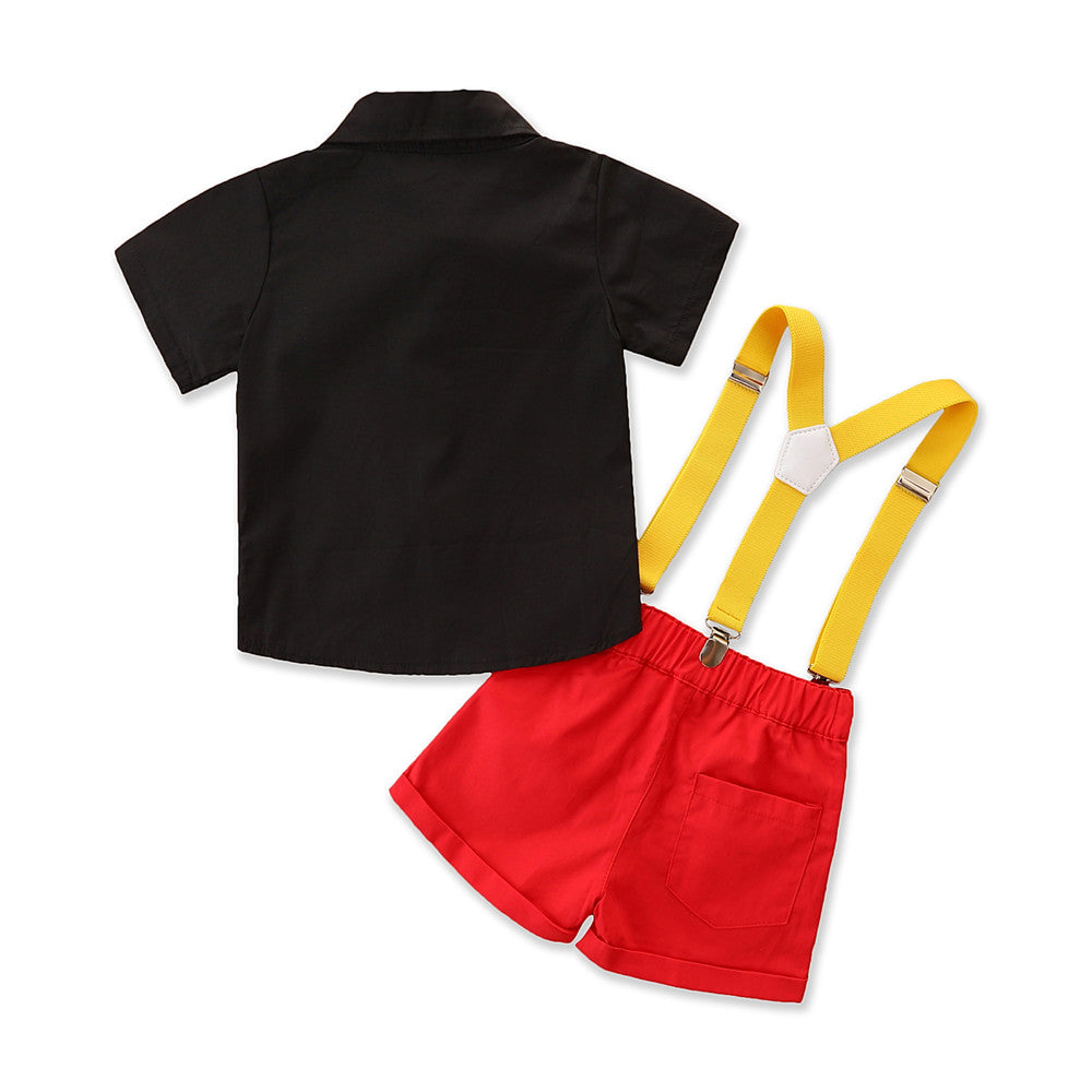 Trajes de caballero para bebés y niños pequeños, camisa de solapa con pajarita de manga corta de verano + conjunto de pantalones cortos con pechera 9M-5T