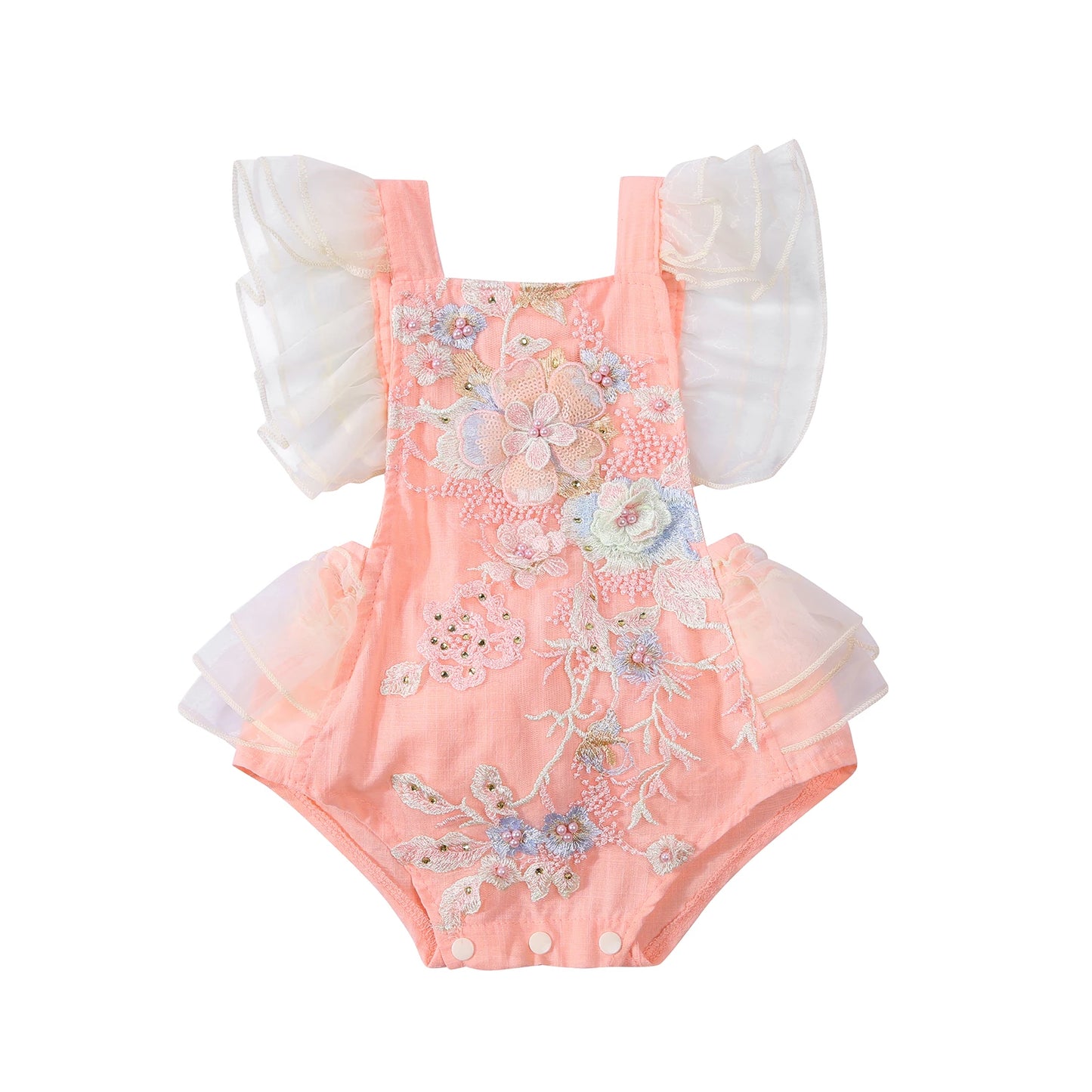 Pelele bordado de encaje para niñas pequeñas de princesa, mono sin espalda con volantes y mangas con mosca, pelele de verano de 0 a 24M