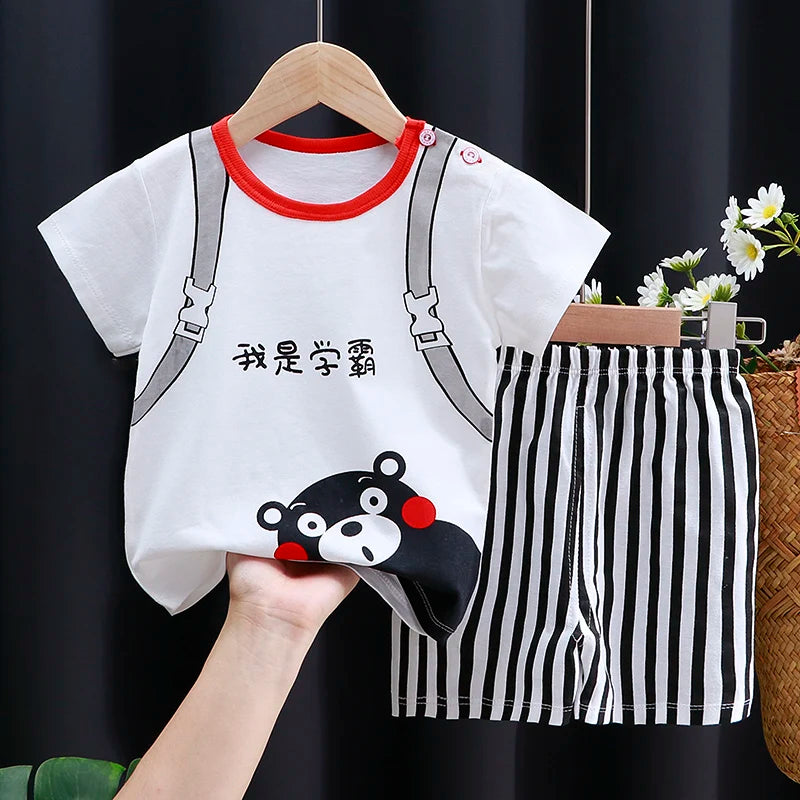Conjunto de ropa para niños, camiseta para bebé (niña + Pantalones cortos, ropa de verano, chándal informal de algodón con dibujos animados para niños, conjunto de ropa para bebés