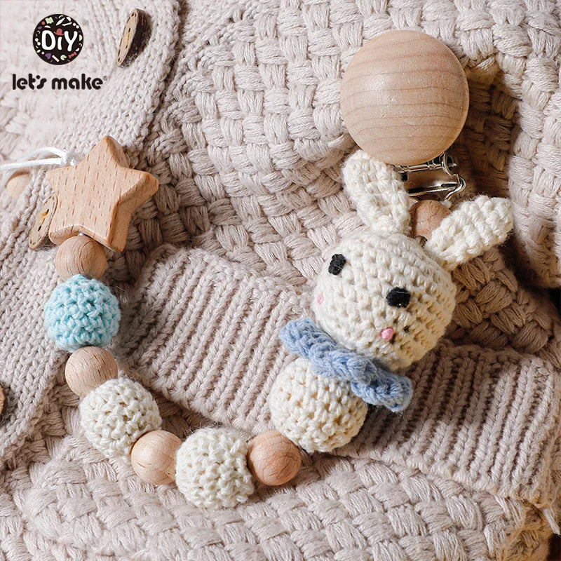 Cadena de chupete Let's Make, 1 unidad, cadenas de mordedor para bebé, cuentas de conejo y Panda de ganchillo, Clips de madera, mordedor, varilla pequeña, Clips para chupetes para niños