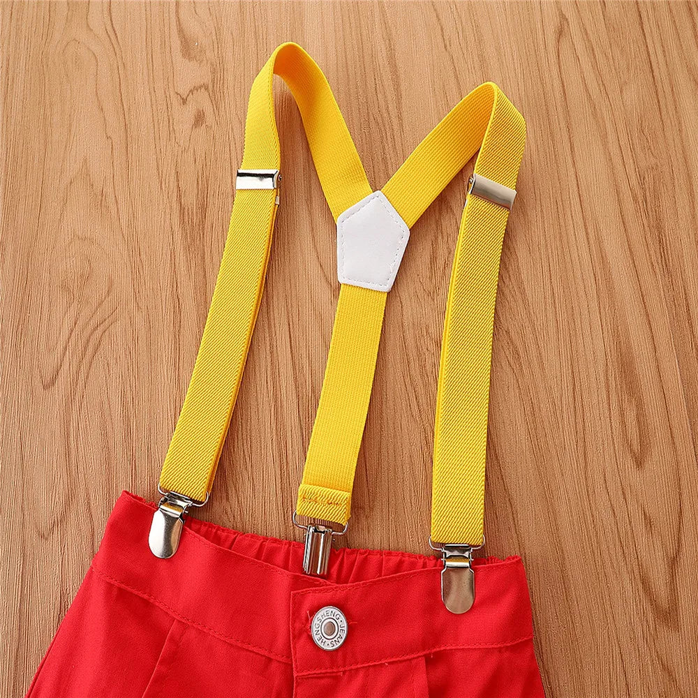 Trajes de caballero para bebés y niños pequeños, camisa de solapa con pajarita de manga corta de verano + conjunto de pantalones cortos con pechera 9M-5T