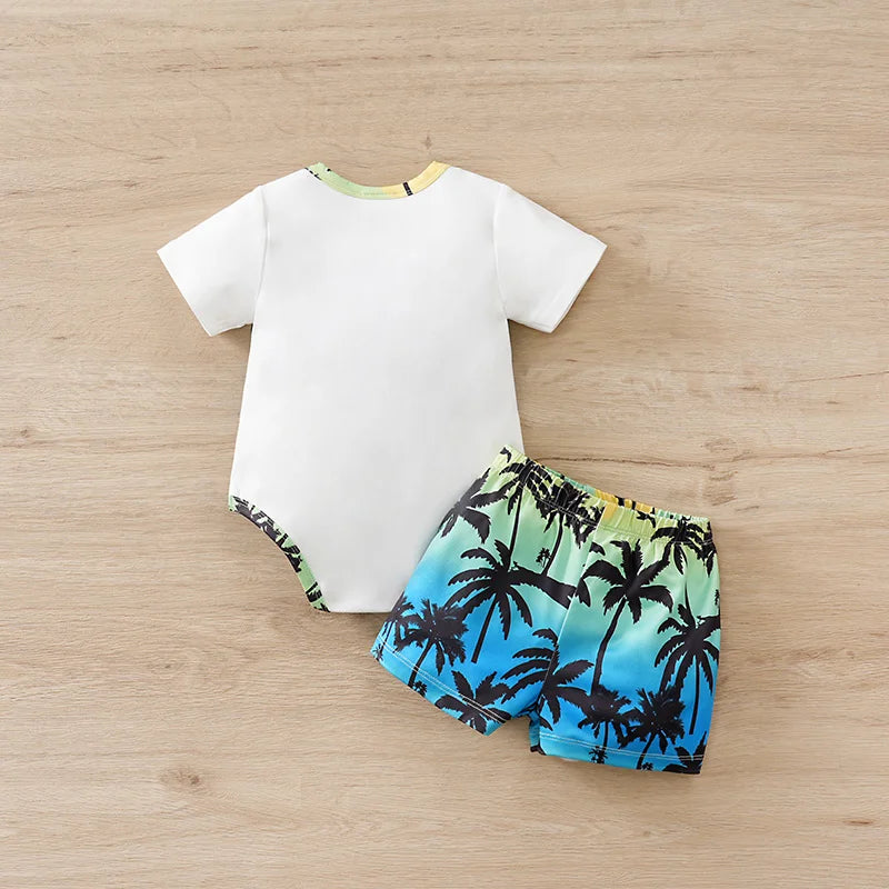 0-18Months Boys and Girls Summer Baby Short-Sleeve Outfit Set Full Print Tropical Beach Plants baby clothes Perfect for Vacation