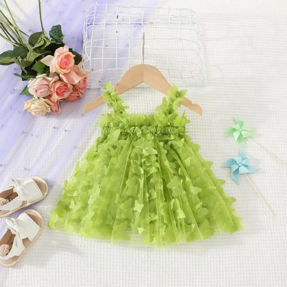 (0-3 años) novedad de verano, vestido para niñas, Color sólido, Halter, mariposa adornada, falda acampanada, vestido de princesa dulce de malla