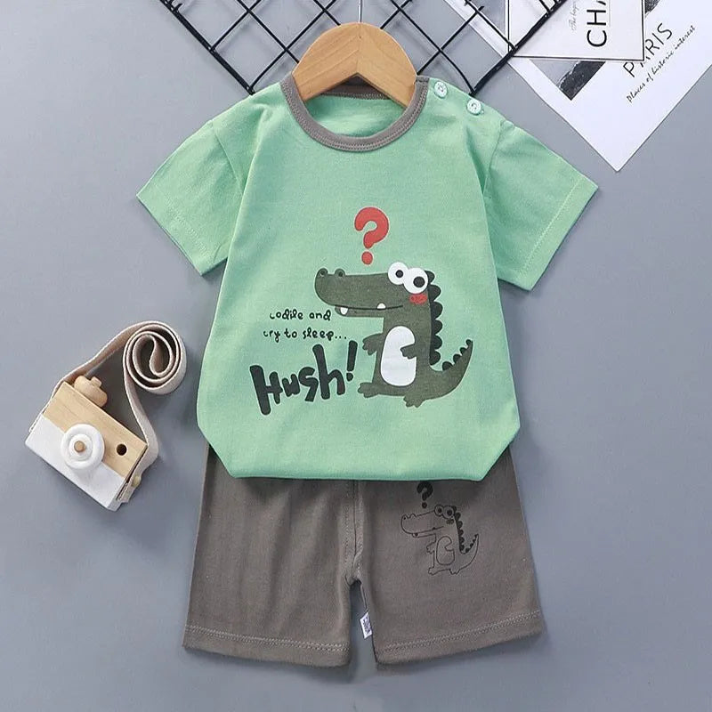 Camisetas de algodón + Pantalones cortos, conjunto de chándal de 2 piezas, traje de verano con estampado de dinosaurio y cebra de dibujos animados para niños y niñas, ropa para bebés de 1 a 6 años