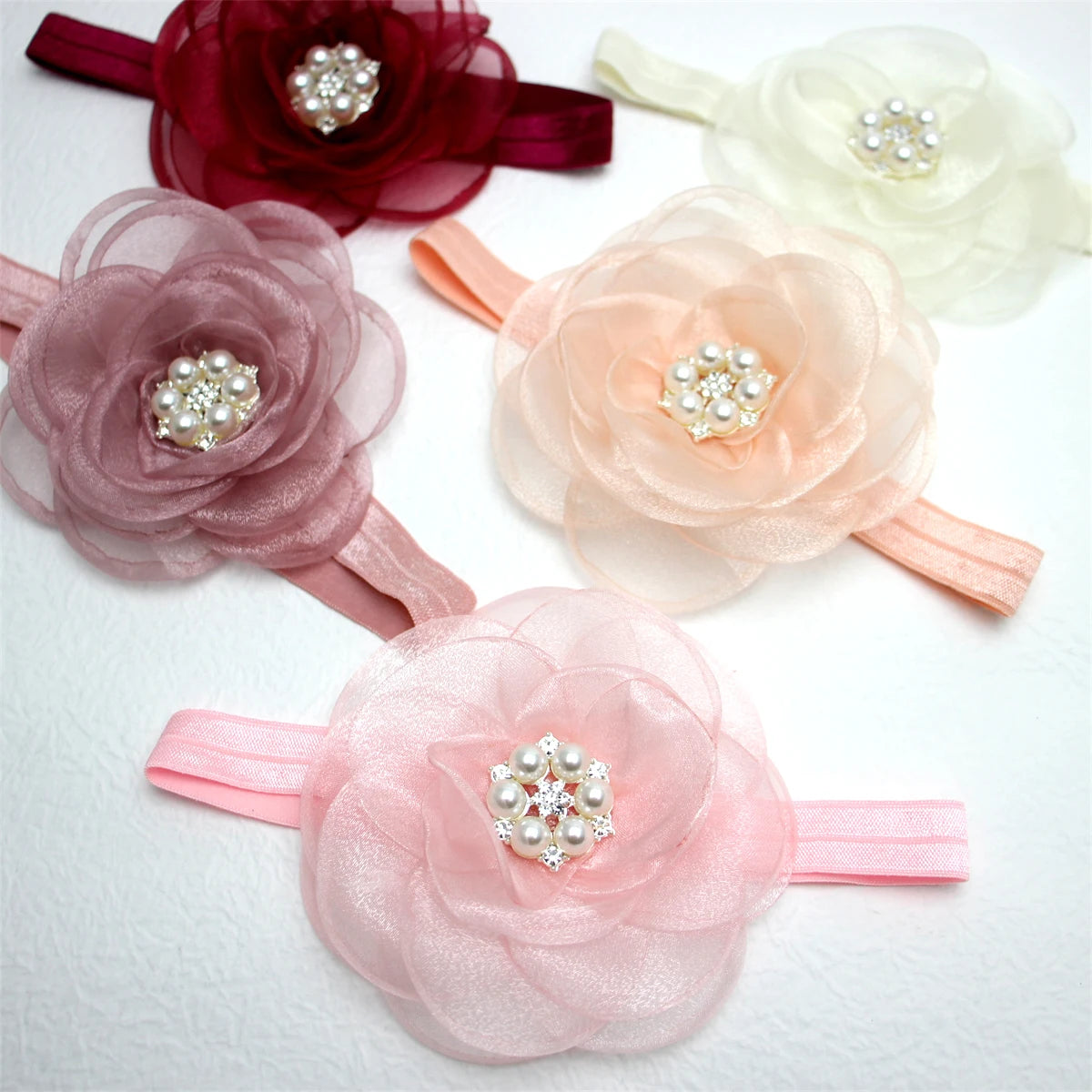 Boutique, diadema de flores de gasa de gran tamaño para niña, accesorios para el cabello, diadema de nailon con perlas de diamante para recién nacido, turbante para bebé bonito