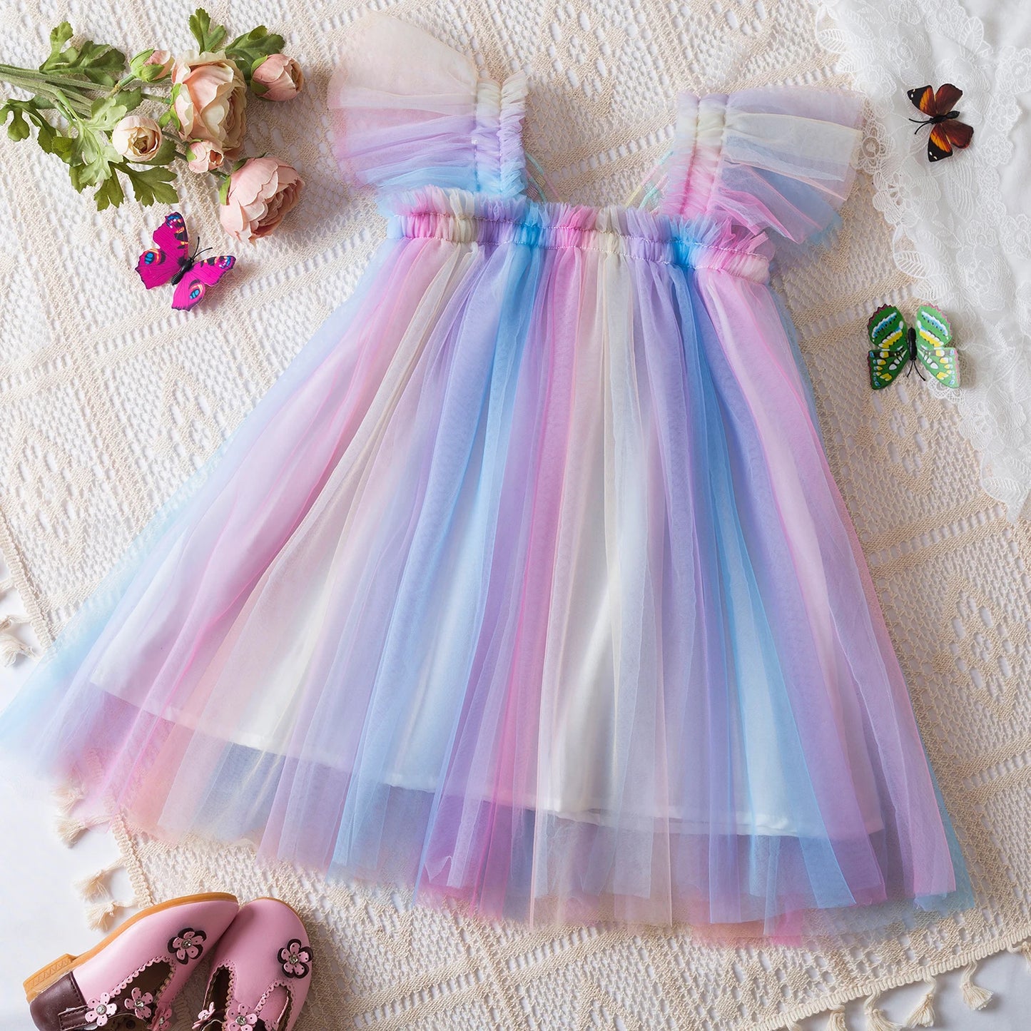 Vestido de verano para niñas pequeñas, tutú de malla hinchado, vestido con tirantes y bordado Floral de princesa, ropa de fiesta de cumpleaños para niñas pequeñas