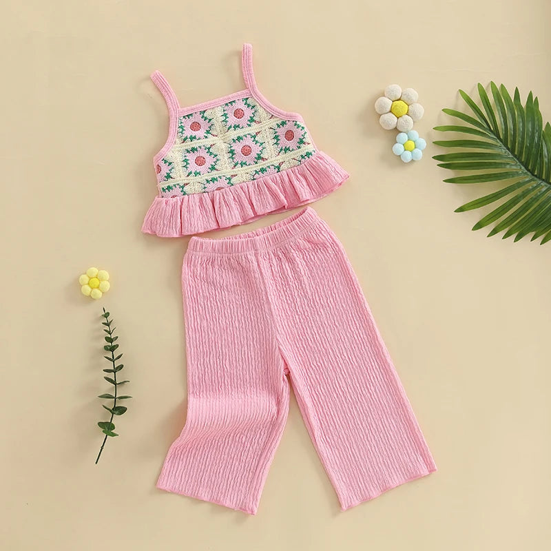 Pudcoco, conjunto de verano para niña pequeña con estampado de flores, tirantes finos con volantes, Tops sin mangas, pantalones de pierna ancha, conjunto de 2 uds 6M-4T