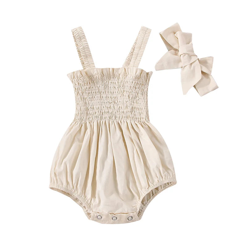 Pelele fruncido para bebé niña, ropa informal sin mangas para recién nacido con diadema, mono de verano, traje bonito para niño pequeño