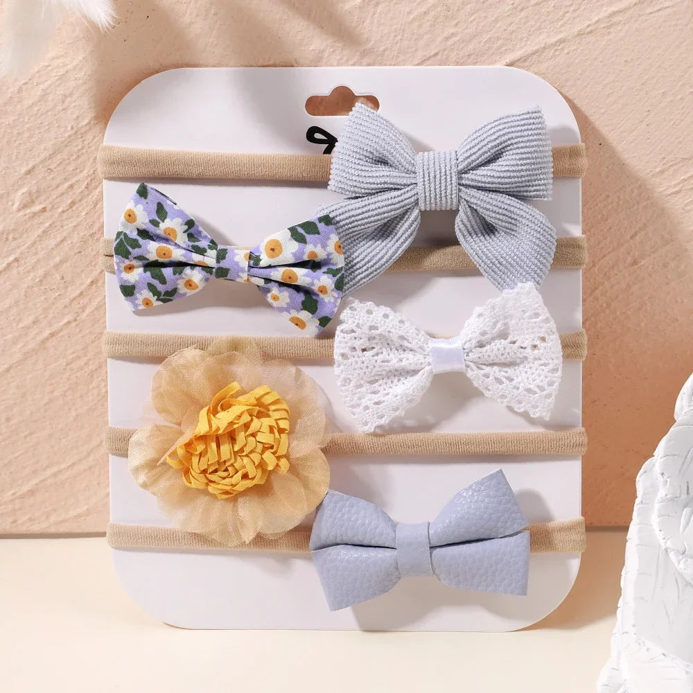5 unids/lote, diadema elástica de nailon para bebé, banda para la cabeza con lazo de encaje y flores para recién nacido, accesorios suaves para el cabello para niña pequeña