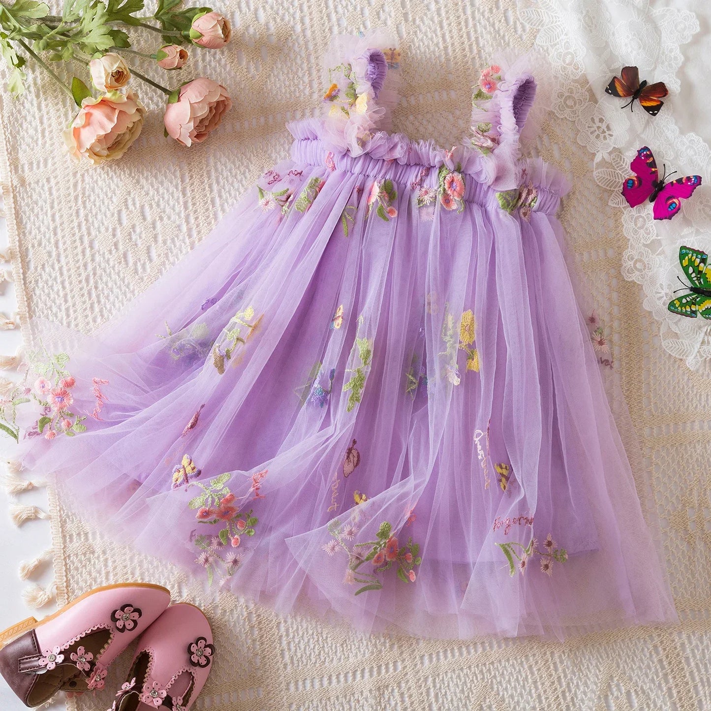 Toddler Baby Girls Summer Dress Puffy Mesh Tutu Princess Floral Embroidery Suspender Dress Baby Girls Birthday Party Clothes