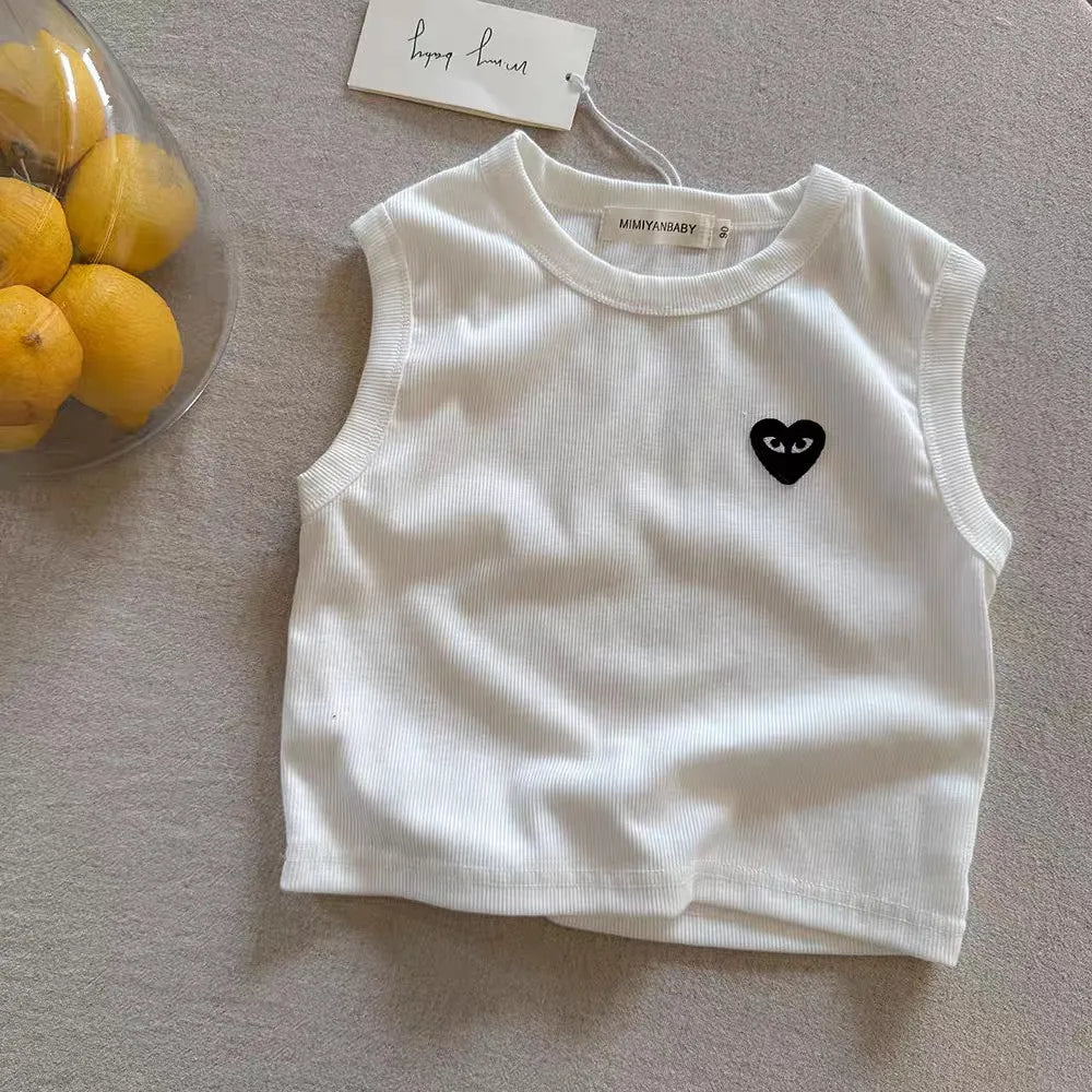 T2667, novedad de verano, chaleco sin mangas para niños, ropa de trabajo a rayas con corazón de amor para bebés, camiseta para niños pequeños de estilo fino