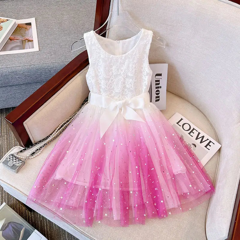 White Lace Summer Dress for Girls Short Sleeve Kids Birthday Princess Costume Tutu Wedding Flower Girls Dresses for 2-8 Yrs Girl