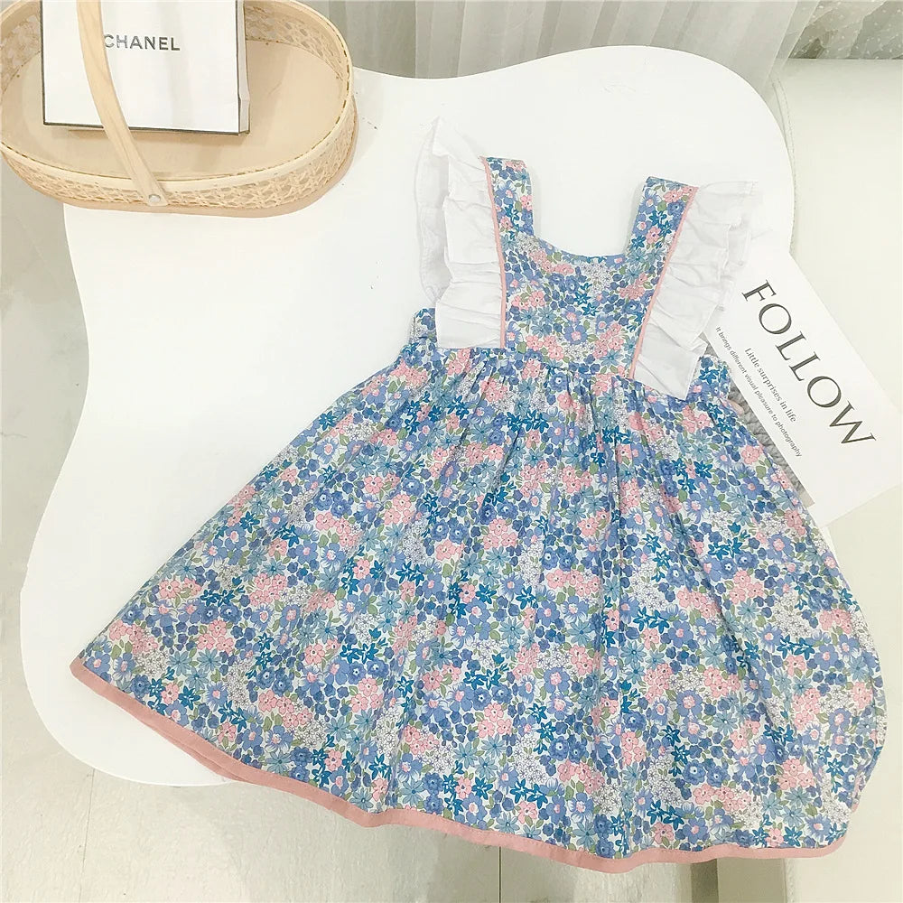 Vestido de flores fragmentadas para niñas, ropa de bebé, lazo de algodón, mangas voladoras pequeñas, vestido de princesa para niños, verano, nuevo