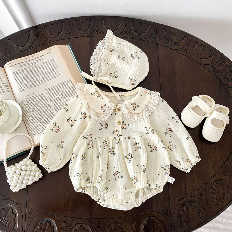 2025 primavera recién nacido bebé niñas mameluco + sombrero 2 uds solapa peleles florales niños moda ropa de bebé recién nacido niña mono