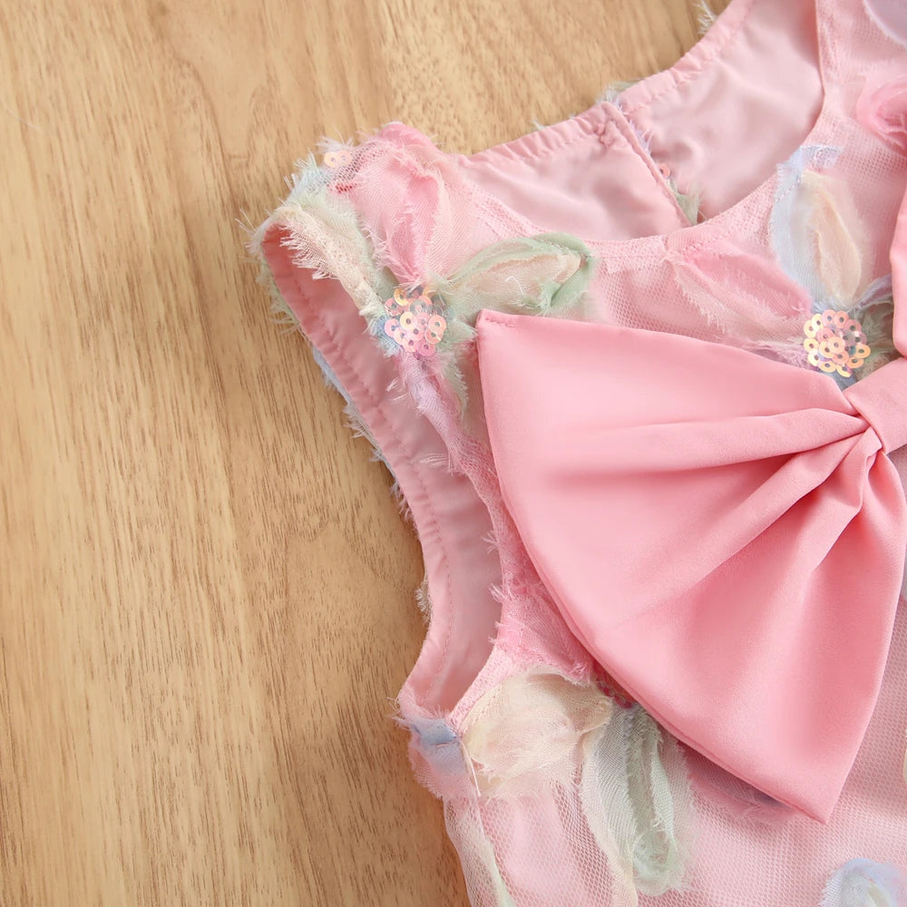 Vestido de verano para niña, vestido de princesa sin mangas a la moda de gasa de red Floral con lazo grande, vestidos informales para niñas de 3 a 7 años