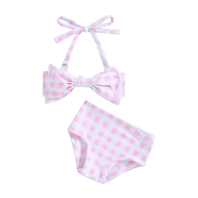 Conjunto de Bikini para niña pequeña, traje de baño de 2 piezas con cuello Halter, Bikini Floral sin mangas, Top anudado, pantalones cortos con estampado de flores a cuadros, 1-6T