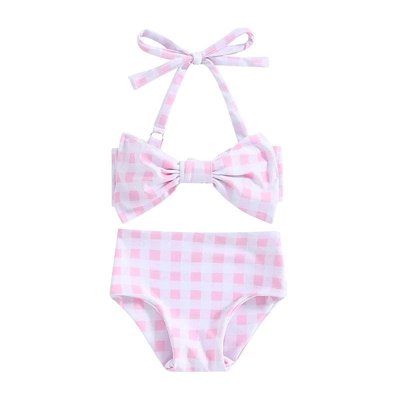 Conjunto de Bikini para niña pequeña, traje de baño de 2 piezas con cuello Halter, Bikini Floral sin mangas, Top anudado, pantalones cortos con estampado de flores a cuadros, 1-6T