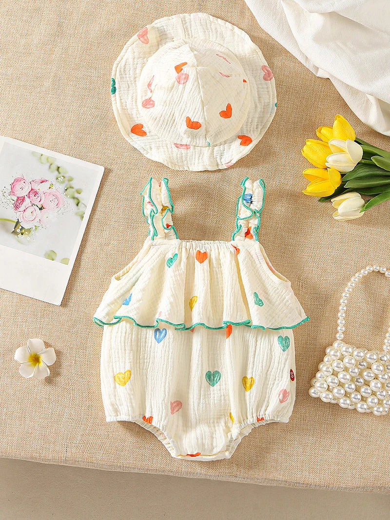Body con tirantes de verano para niñas de 0 a 2 años, ropa infantil de una pieza con estampado de corazón, mono sin mangas con sombrero