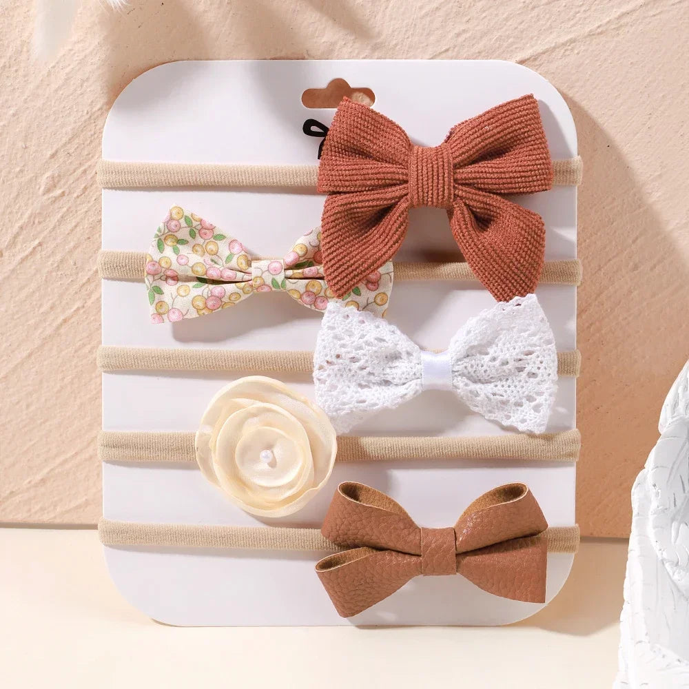5 unids/lote, diadema elástica de nailon para bebé, banda para la cabeza con lazo de encaje y flores para recién nacido, accesorios suaves para el cabello para niña pequeña
