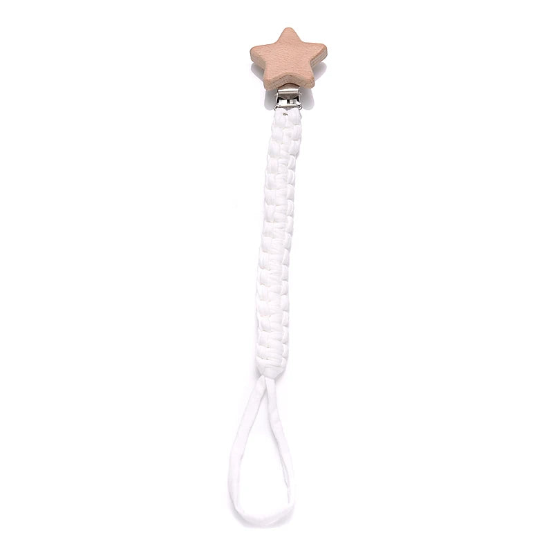 Cadena de chupete de bebé de tela de algodón de ganchillo Simple, Clip de madera de haya con forma de corazón y Luna para bebé hecho a mano, cadena para chupete, juguete para la dentición