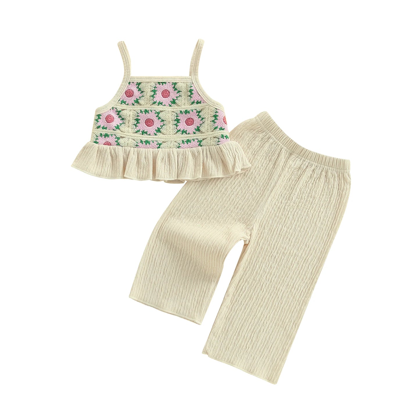 Pudcoco, conjunto de verano para niña pequeña con estampado de flores, tirantes finos con volantes, Tops sin mangas, pantalones de pierna ancha, conjunto de 2 uds 6M-4T
