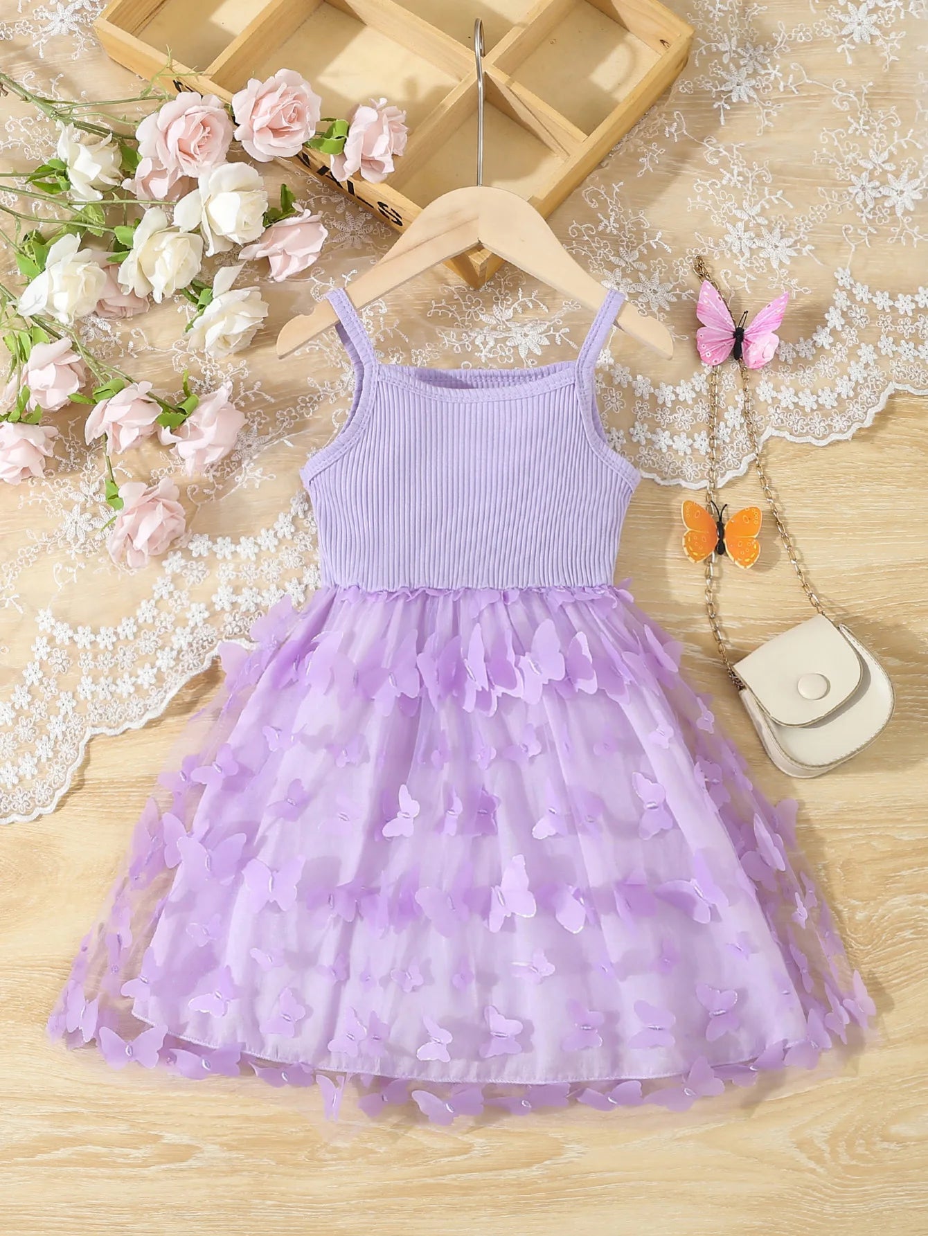 Ropa de verano para niños y niñas, vestido camisola empalmado de malla con decoración de mariposas para bebés, vestido elegante de princesa sin mangas