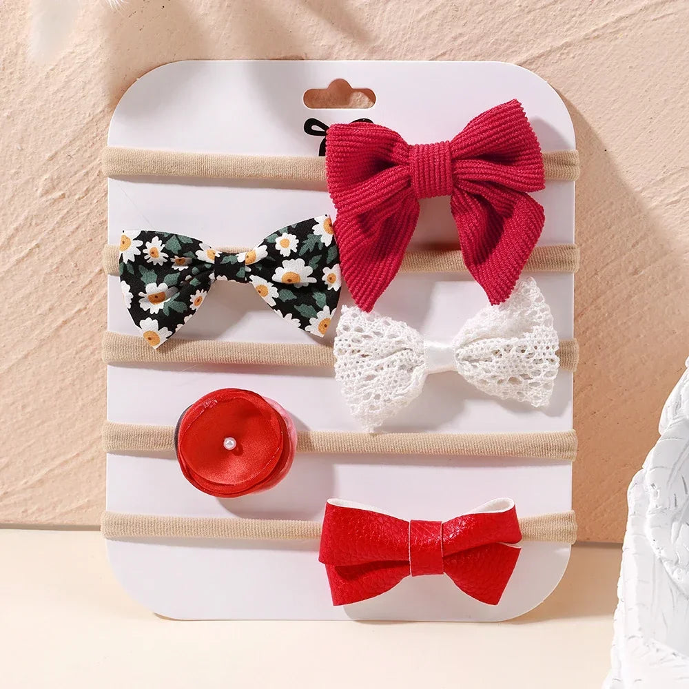 5 unids/lote, diadema elástica de nailon para bebé, banda para la cabeza con lazo de encaje y flores para recién nacido, accesorios suaves para el cabello para niña pequeña