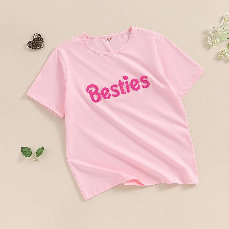 Ropa a juego para madre e hija, camiseta de manga corta con bordado de letras y cuello redondo para verano