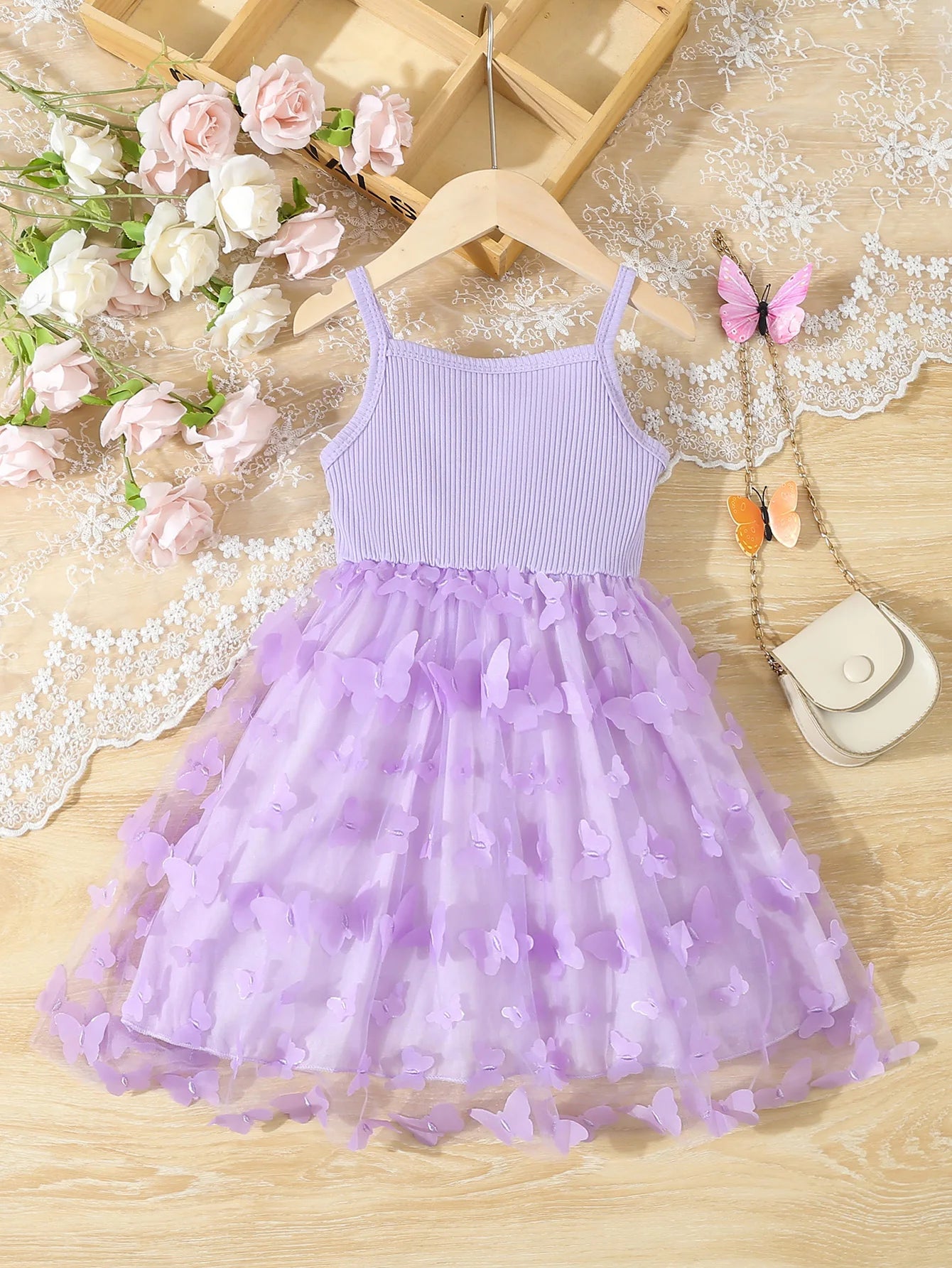 Ropa de verano para niños y niñas, vestido camisola empalmado de malla con decoración de mariposas para bebés, vestido elegante de princesa sin mangas
