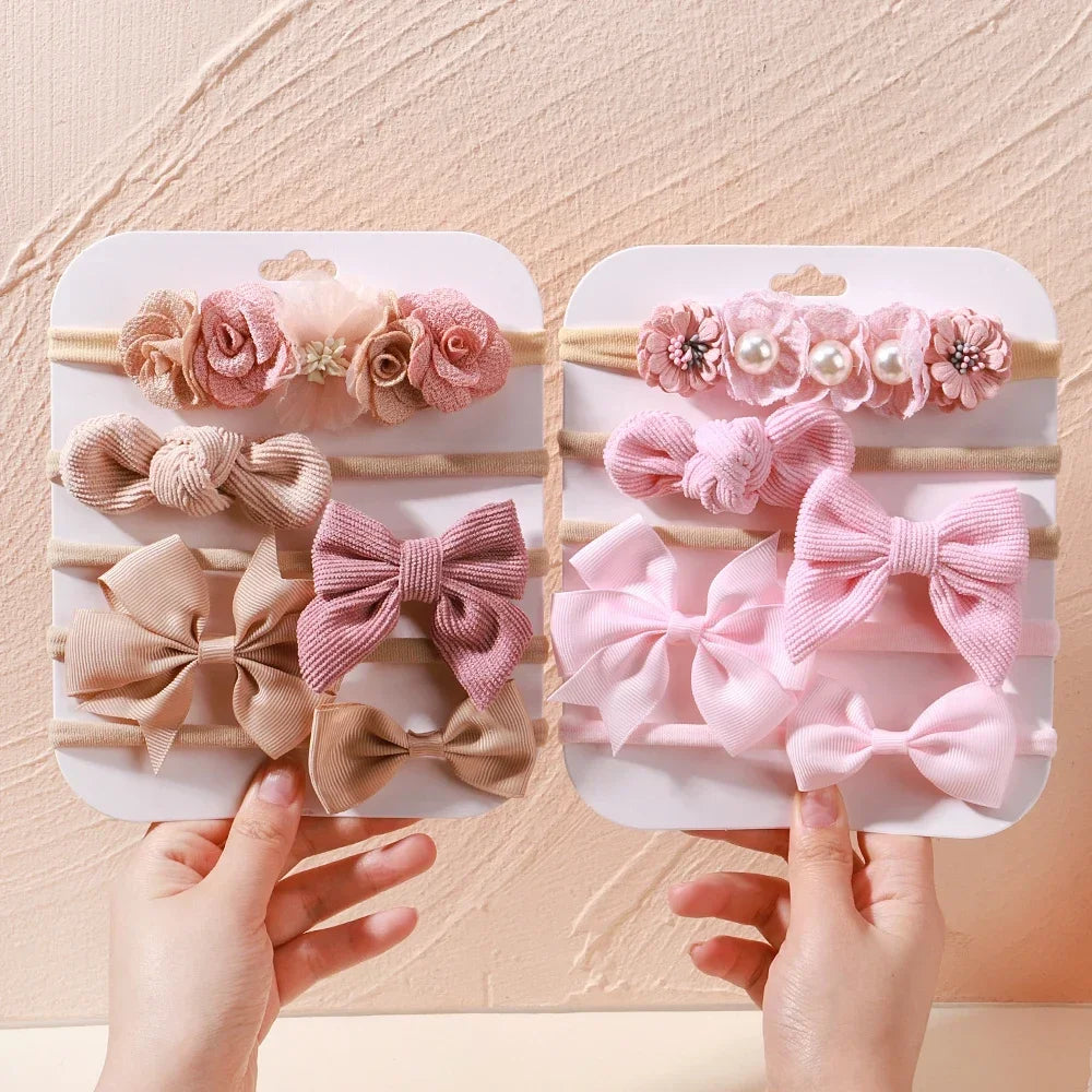 5 unids/lote, diadema elástica de nailon para bebé, banda para la cabeza con lazo de encaje y flores para recién nacido, accesorios suaves para el cabello para niña pequeña