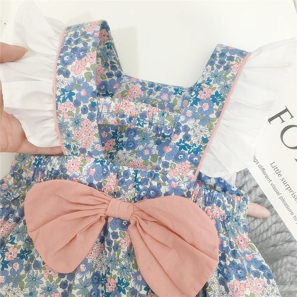 Vestido de flores fragmentadas para niñas, ropa de bebé, lazo de algodón, mangas voladoras pequeñas, vestido de princesa para niños, verano, nuevo