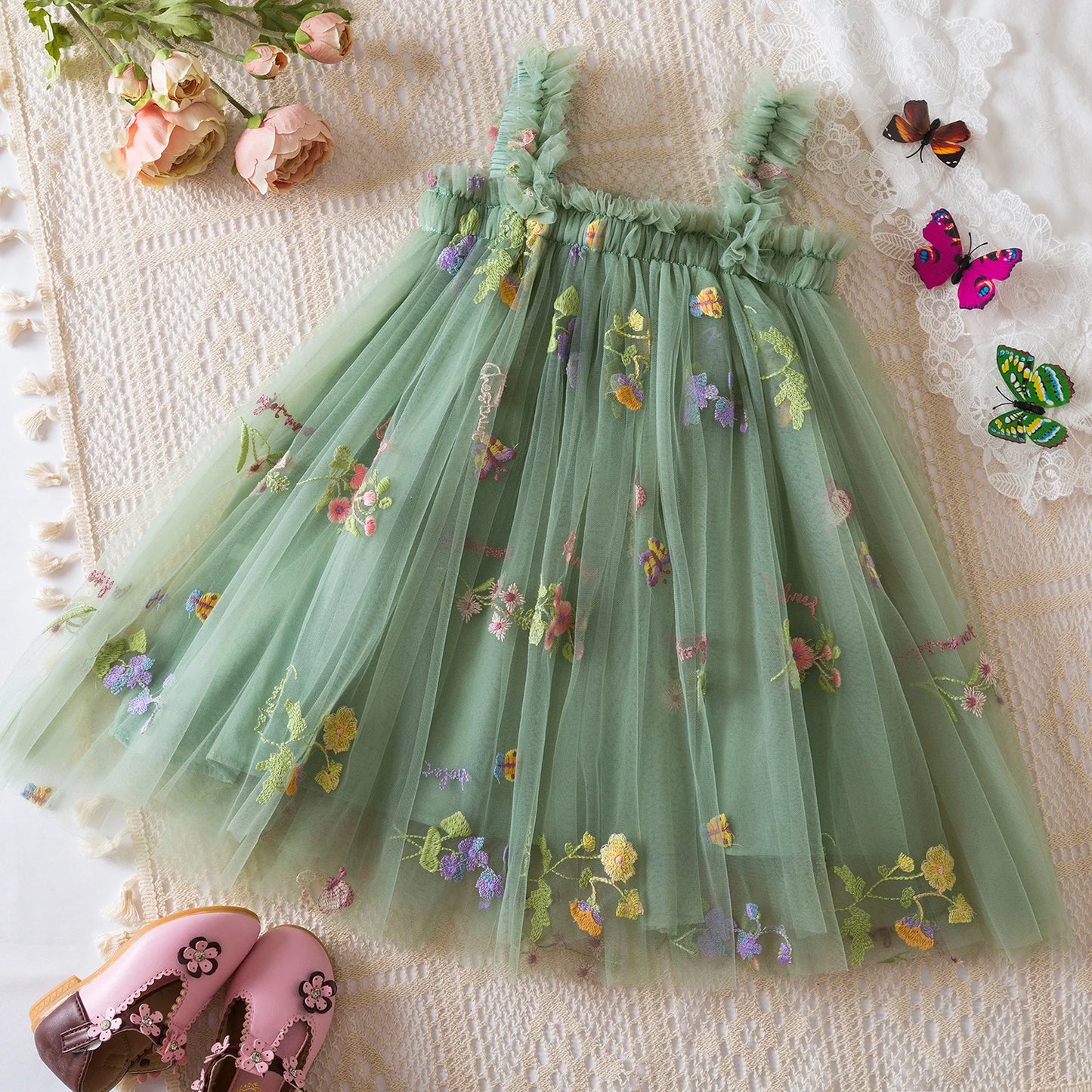 Vestido de verano para niñas pequeñas, tutú de malla hinchado, vestido con tirantes y bordado Floral de princesa, ropa de fiesta de cumpleaños para niñas pequeñas