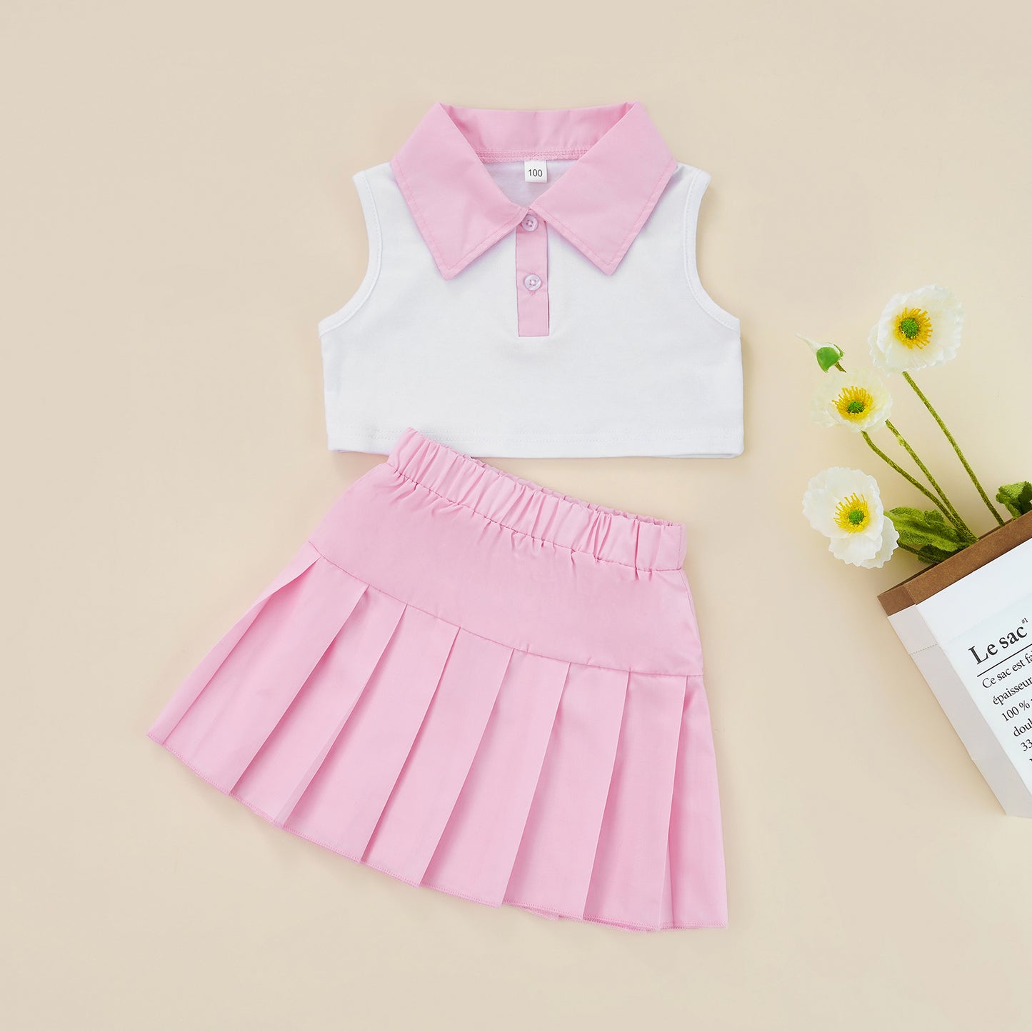 Conjunto de ropa de verano para niñas pequeñas, camiseta sin mangas con botones de solapa de retazos y Falda plisada, 2 a 7 años