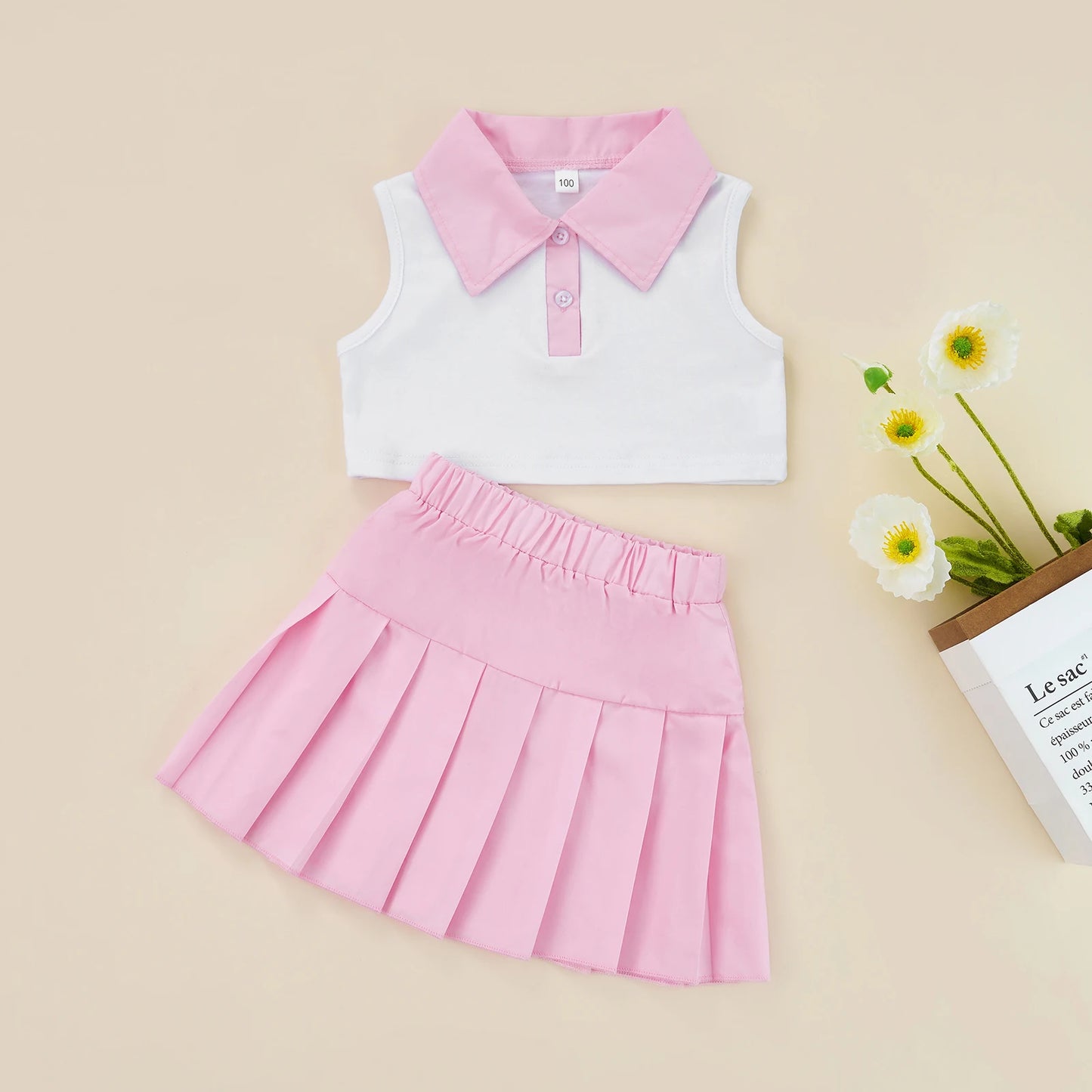 Conjunto de ropa de verano para niñas pequeñas, camiseta sin mangas con botones de solapa de retazos y Falda plisada, 2 a 7 años