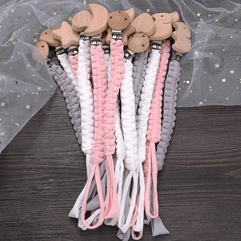 Cadena de chupete de bebé de tela de algodón de ganchillo Simple, Clip de madera de haya con forma de corazón y Luna para bebé hecho a mano, cadena para chupete, juguete para la dentición