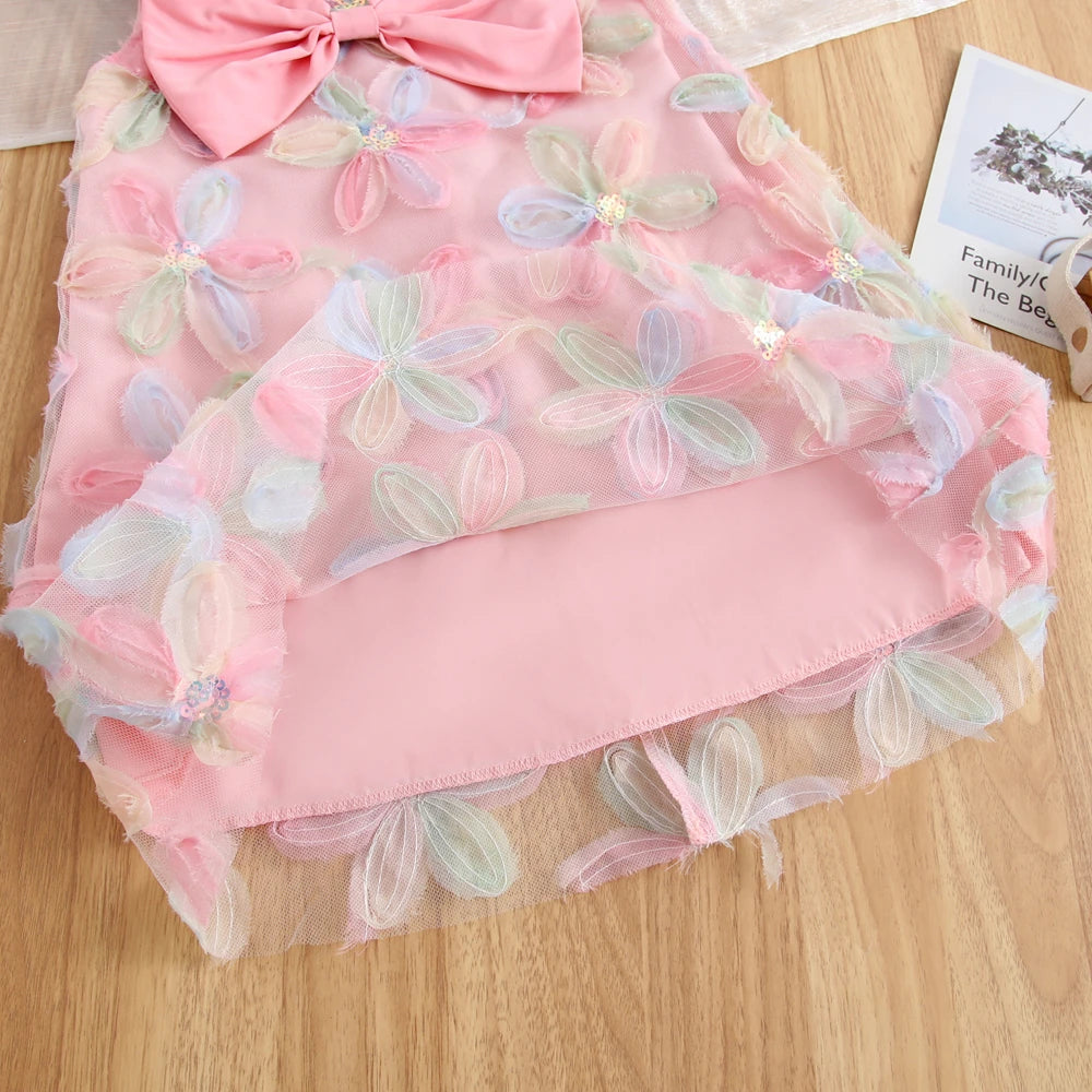 Vestido de verano para niña, vestido de princesa sin mangas a la moda de gasa de red Floral con lazo grande, vestidos informales para niñas de 3 a 7 años