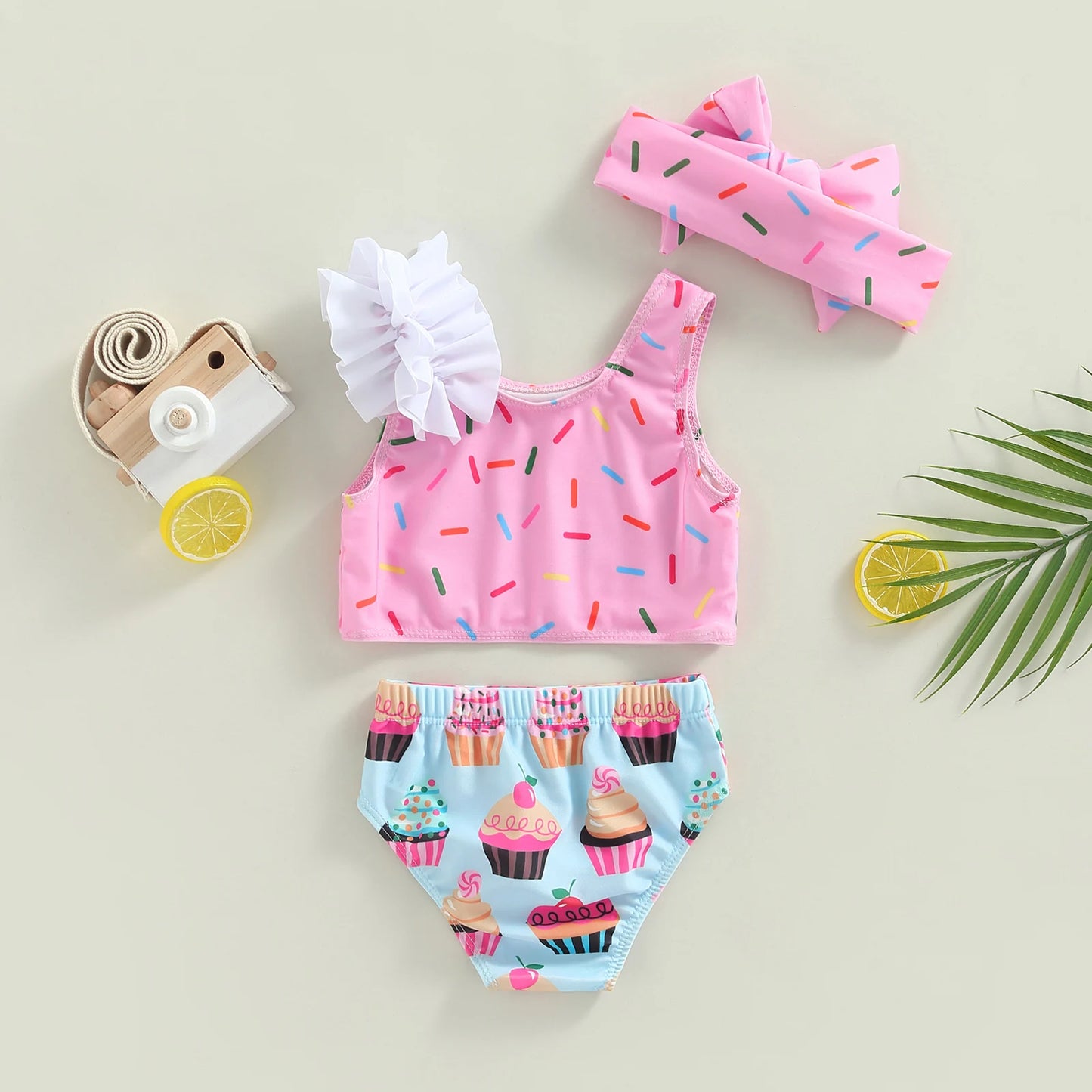 Citgeett Traje de baño de verano para niñas, sin mangas, con estampado de pastel, ropa de playa + pantalones cortos, conjunto de ropa